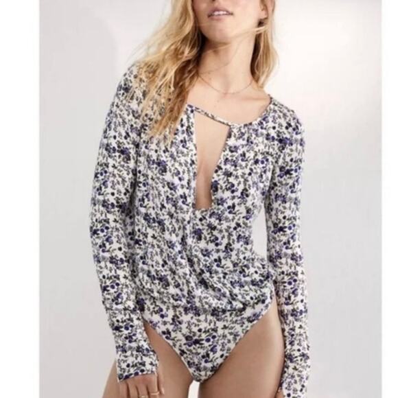 Free People Intimately Free Kaya Floral Soft Long Sleeve Keyhole Neck Bodysuit M - Picture 1 of 7